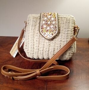 NWT Emperia Natural Straw And Vegan Leather Crossbody Bag With Beaded Accents